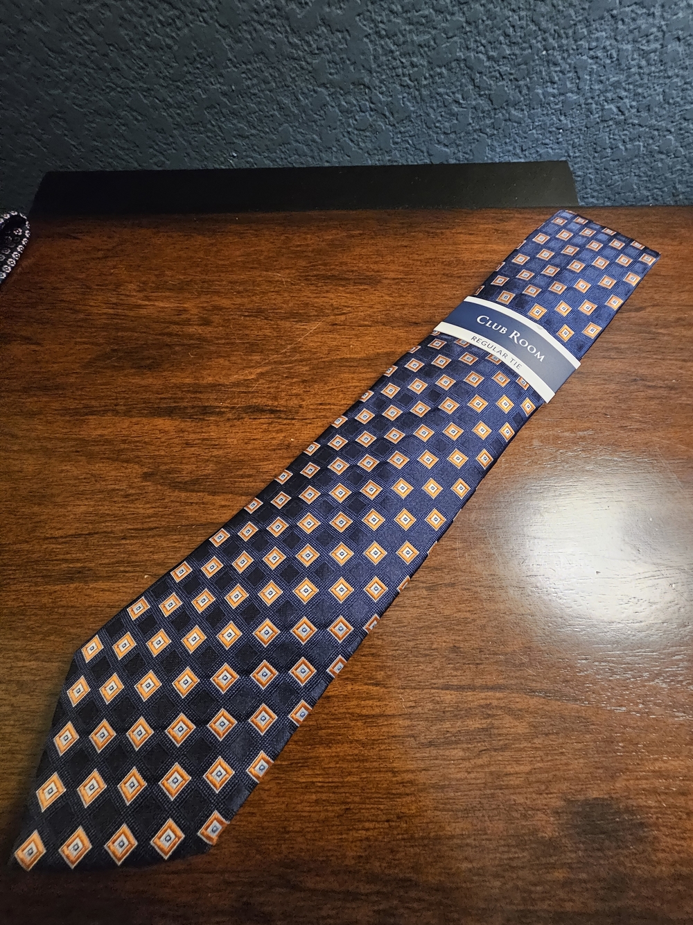 Club Room Navy Tie with Orange Diamond Pattern
